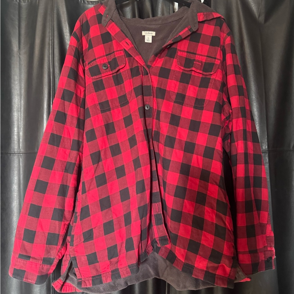 LL BEAN fleece lined flannel jacket with hoodie